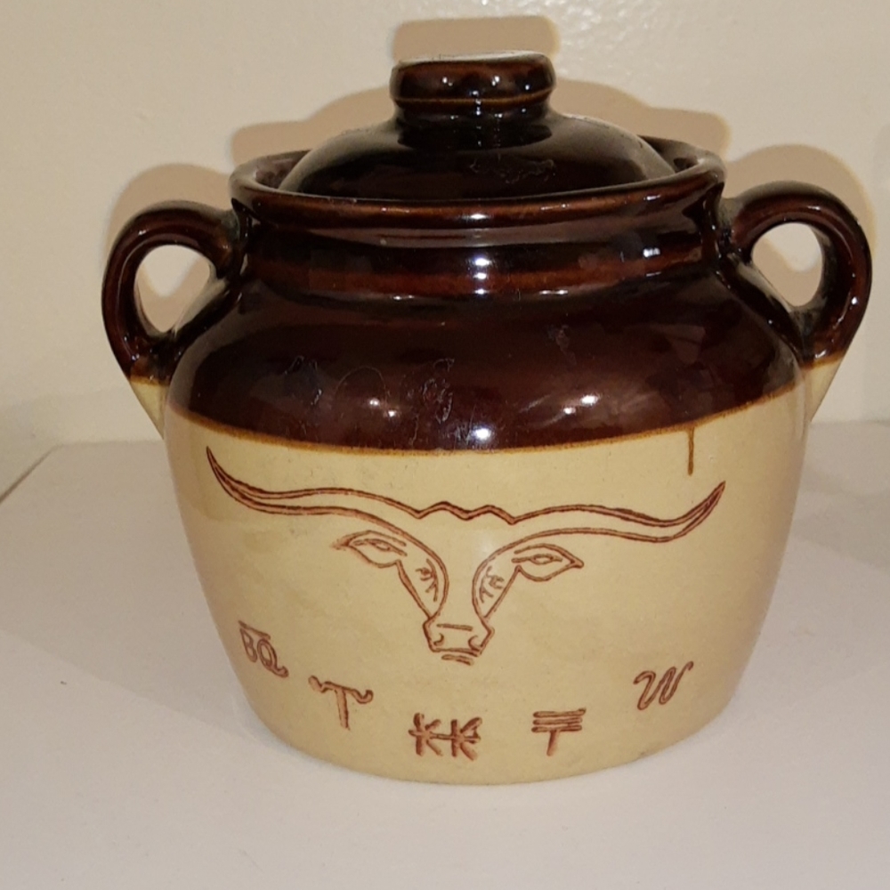 Vintage Western Stoneware BBQ Longhorn Bean Pot